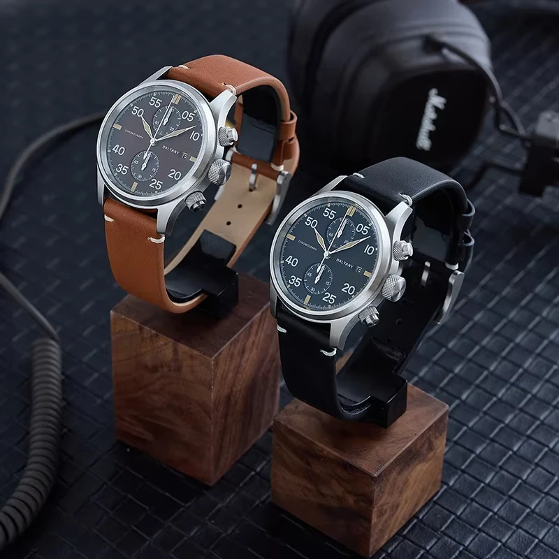 Baltany Classic Retro Men\'s Military Chronograph Quartz Stainless Steel Leather Waterproof S206070 Multifunction Luminous watch