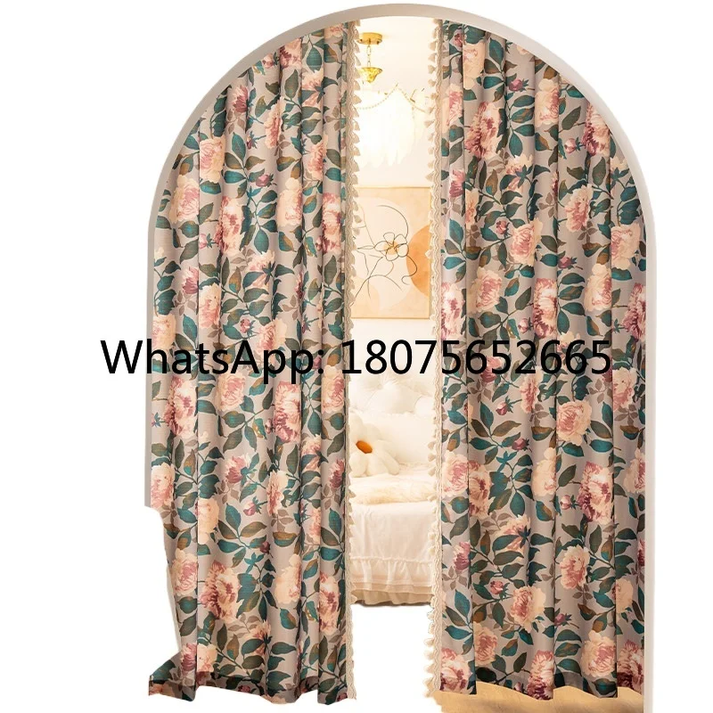 Retro dark green rose tassel curtains living room door curtains without punching