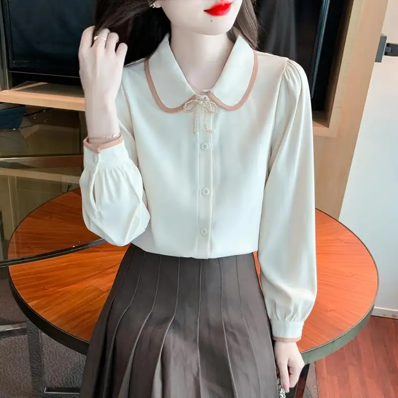 Women Korean Fashion Beads Bow Chic Shirts Vintage Elegant Contrast Color Sweet Blouses Casual Long Sleeve Tops Camisas De Mujer