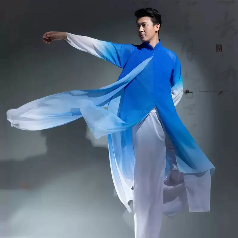 

Unisex Chinese Style Ethnic Dance Costume Gradient Chiffon Flowing Tai Chi Clothes Martial Art Uniform Wushu Kung Fu Dress Set