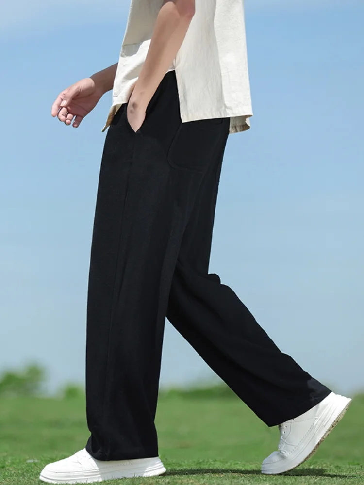 

Men's Linen Casual Pants Summer Faion Loose Large Size Straight Leg Breathable Cotton Linen Long Trousers New Chinese Sle...