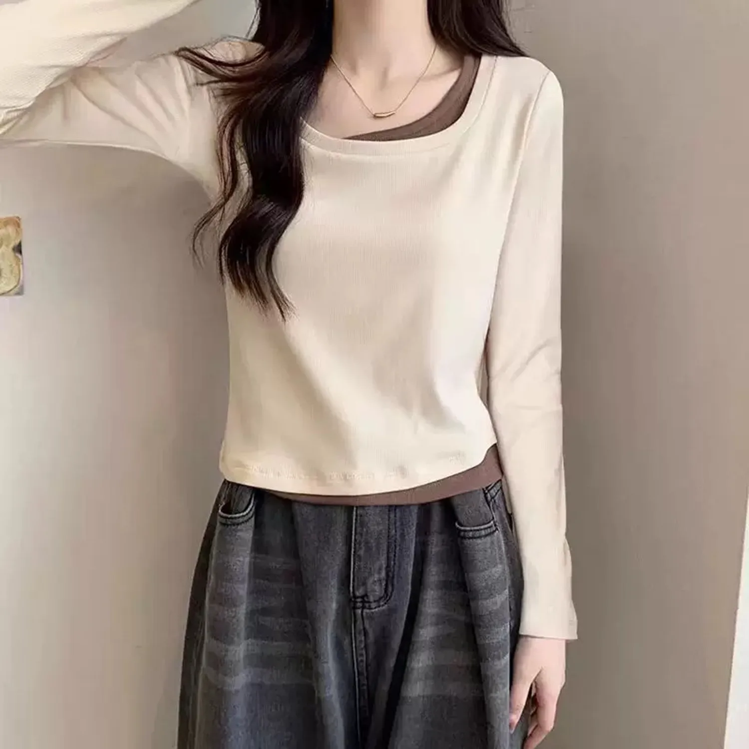 plus Size Long Sve T-irt Women's Spring Autumn Slim Fit Inner Wear Base irt Design Sensation Anti-Aging Early Spring Top