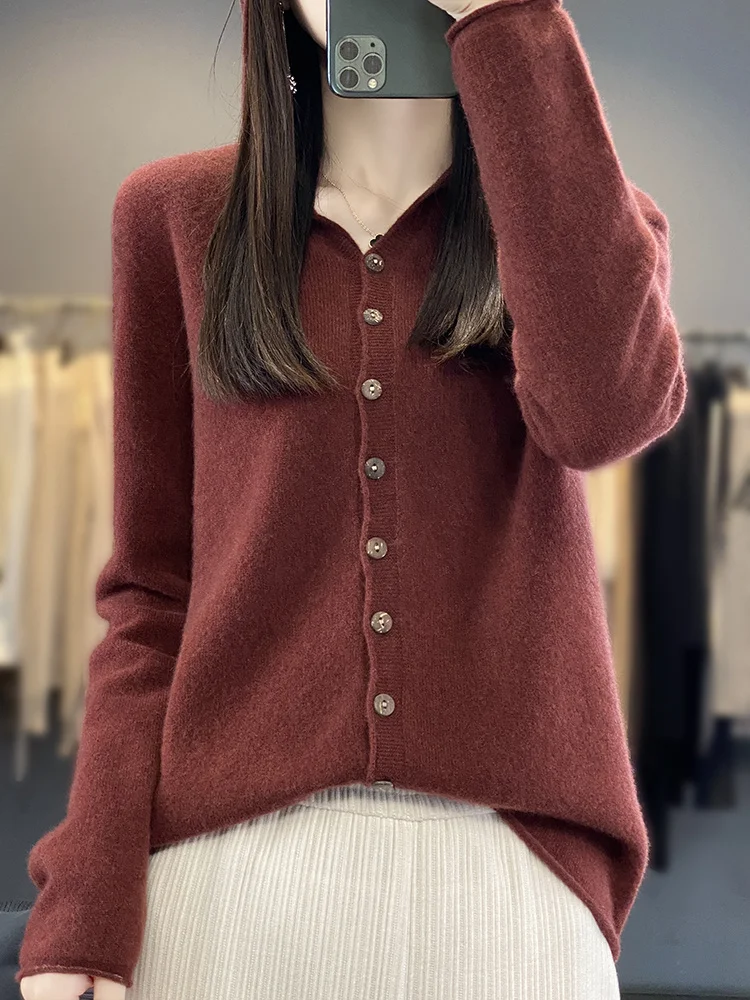 2024 Spring Women's Wool Hooded Cardigan Casual 100% Merino Wool Sweater Long sleeved Knitted Coat Soft Korean Fashion Quantity