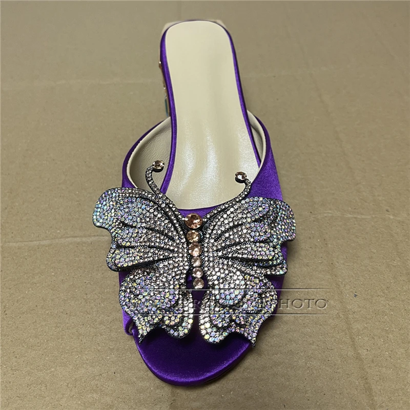 Colorful Rhinestone Square Heel Summer Mules Luxury Satin Slingbacks Diamond Crystal Butterfly-Flower Sandals Women