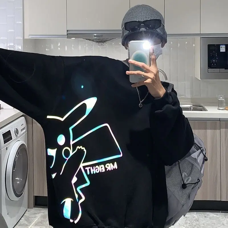 عاكس Crewneck هوديي الذكور أزياء Instagram طالب زوجين الربيع والخريف ملابس وسيم معطف كبير الحجم