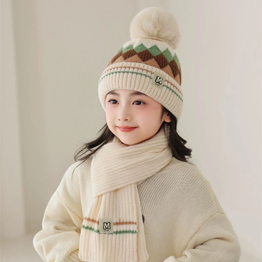 Winter Children's Hat Pom-pom Fleece Lined Beanie Suitable For 2-10 Year Old Girls And Boys Plus Fleece Diamond Check Hat