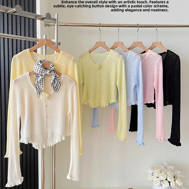 

Новинка лета 2026: Легкий женский кардиган из вязаного шелка с V-образным вырезом и длинными рукавами для летней верхней одежды