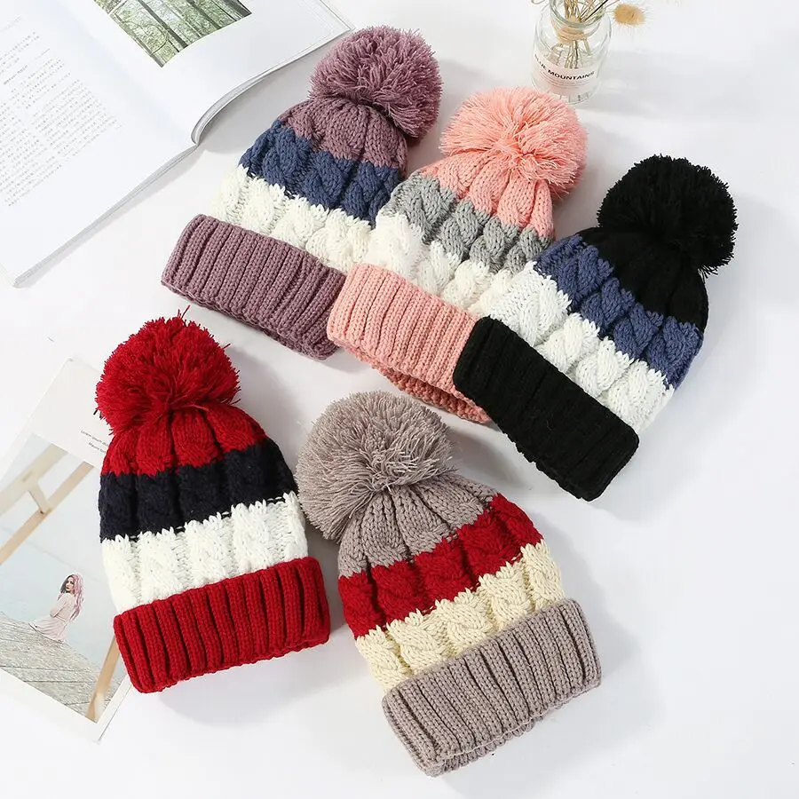 Winter Hats for Women Patchwork Wool Knitted Big Pompom Velvet Double Faced Beanies for Girl Ear Protection Thicken Warm Hat