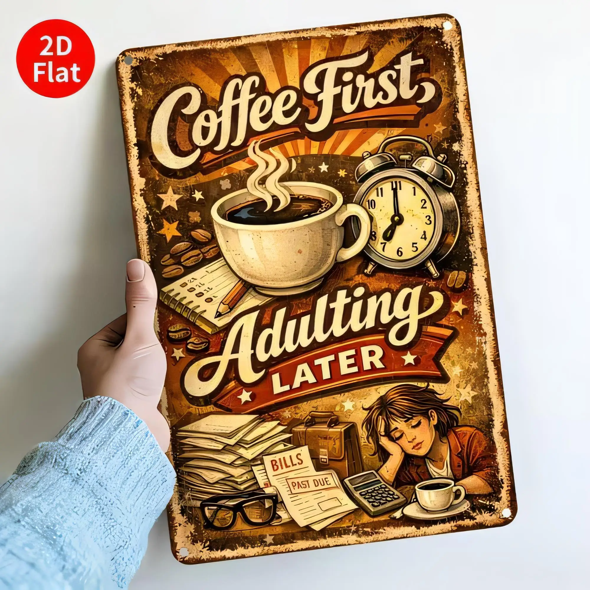 Tin Sign Coffee First Adulthood Later Vintage Style 2D Flat Metal Poster for Kitchen Dining Room Wall Decor Rustic Retro Cafe Ba