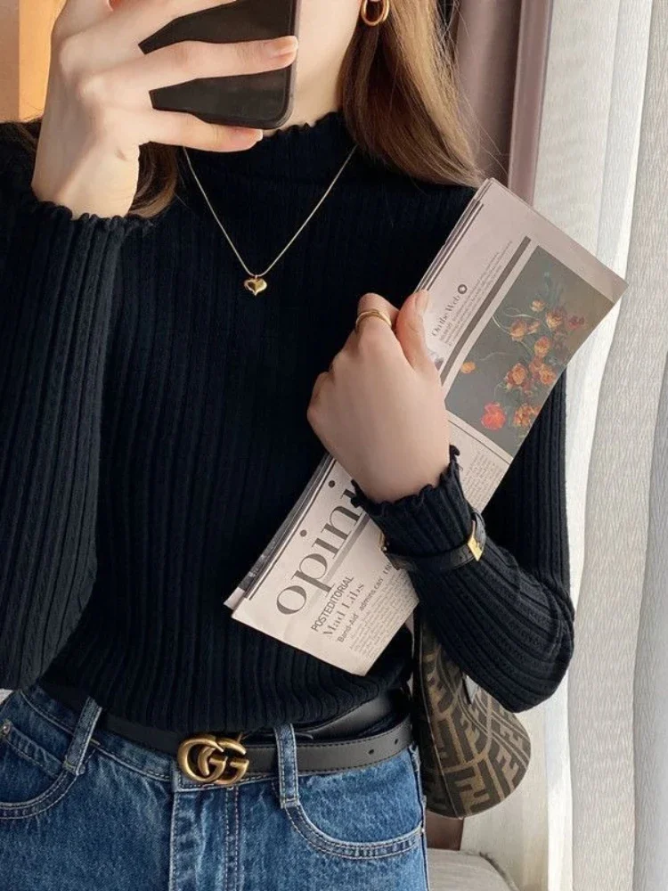 가을 겨울 우아한 패션 슬림 긴 소매 스웨터 세련된 셔링 솔리드 니트 풀오버 터틀넥 스위트 풀오버 여성 의류