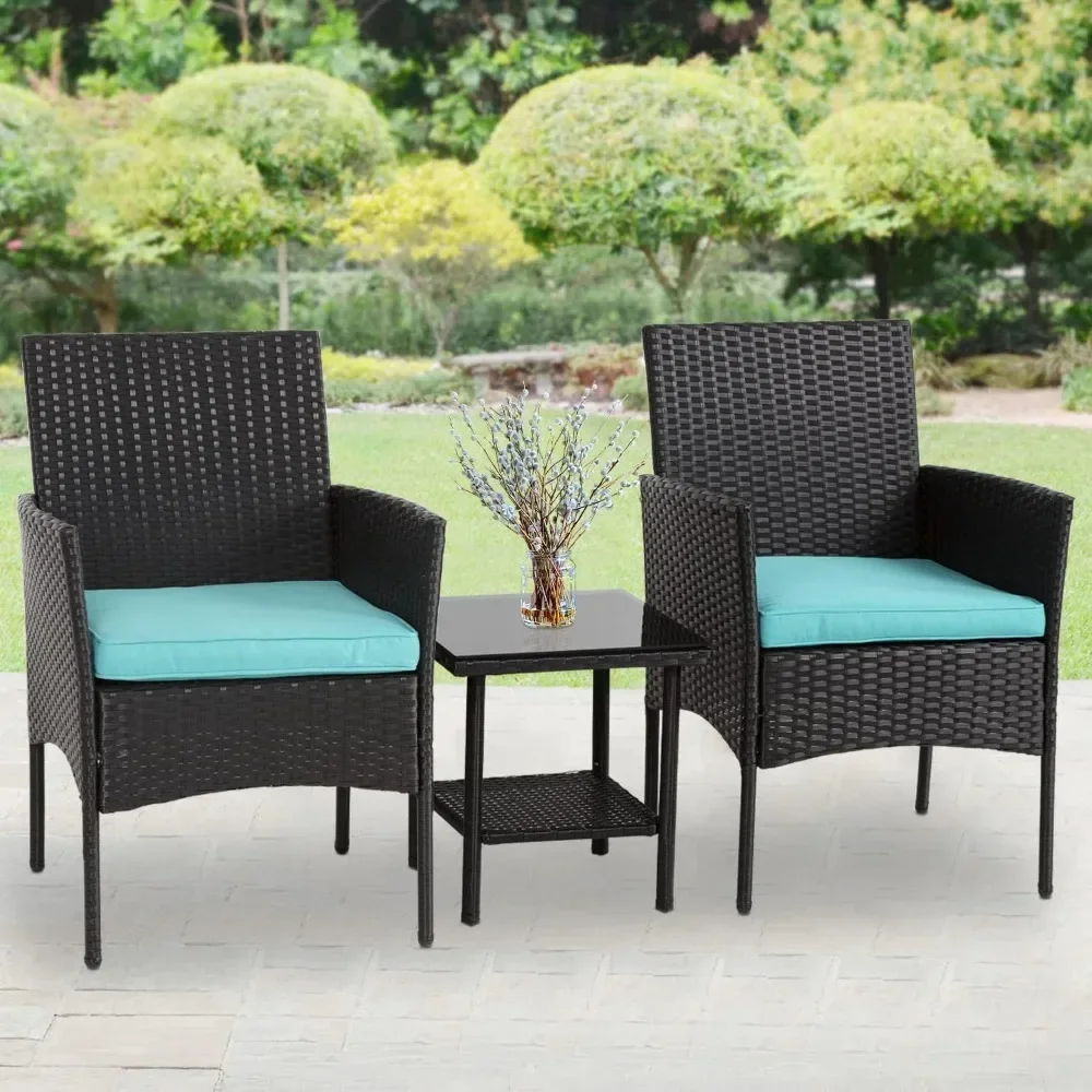 

3 Piece Outdoor Furniture Set,Chair Furniture Bistro Conversation Set2 Wicker Chairs with Blue Upholstery and Glass Coffee Table