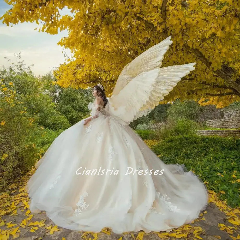 White Off The Shoulder Bow Ball Gown Quinceanera Dresses Beading Sequined Appliques Lace Corset Vestidos Para XV Años