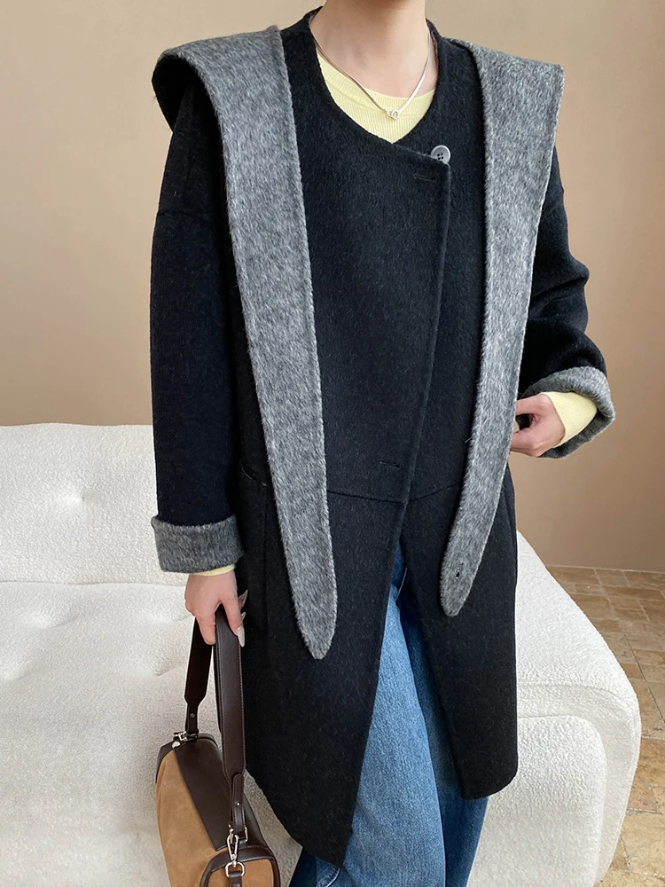 YERMORA invierno nuevo gris Detachable capucha diseño abrigo de lana para mujeres cuello redondo manga larga suelta nuevo abrigo moda marea otoño