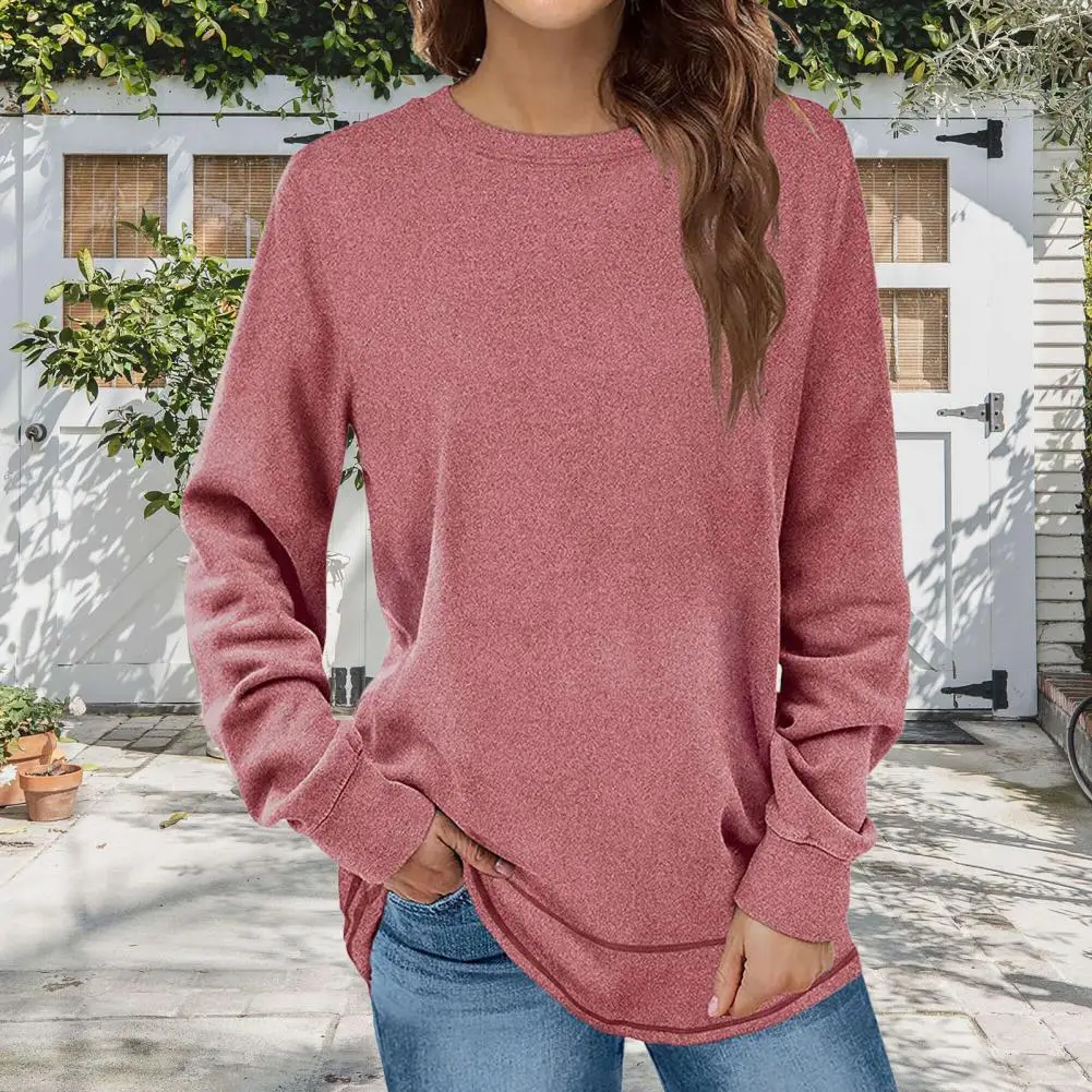 Women Fall Top Stylish Women's Round Neck Pullover T-shirt With Elastic Cuffs Loose Fit Solid Color Sweatshirt For Wear Spring