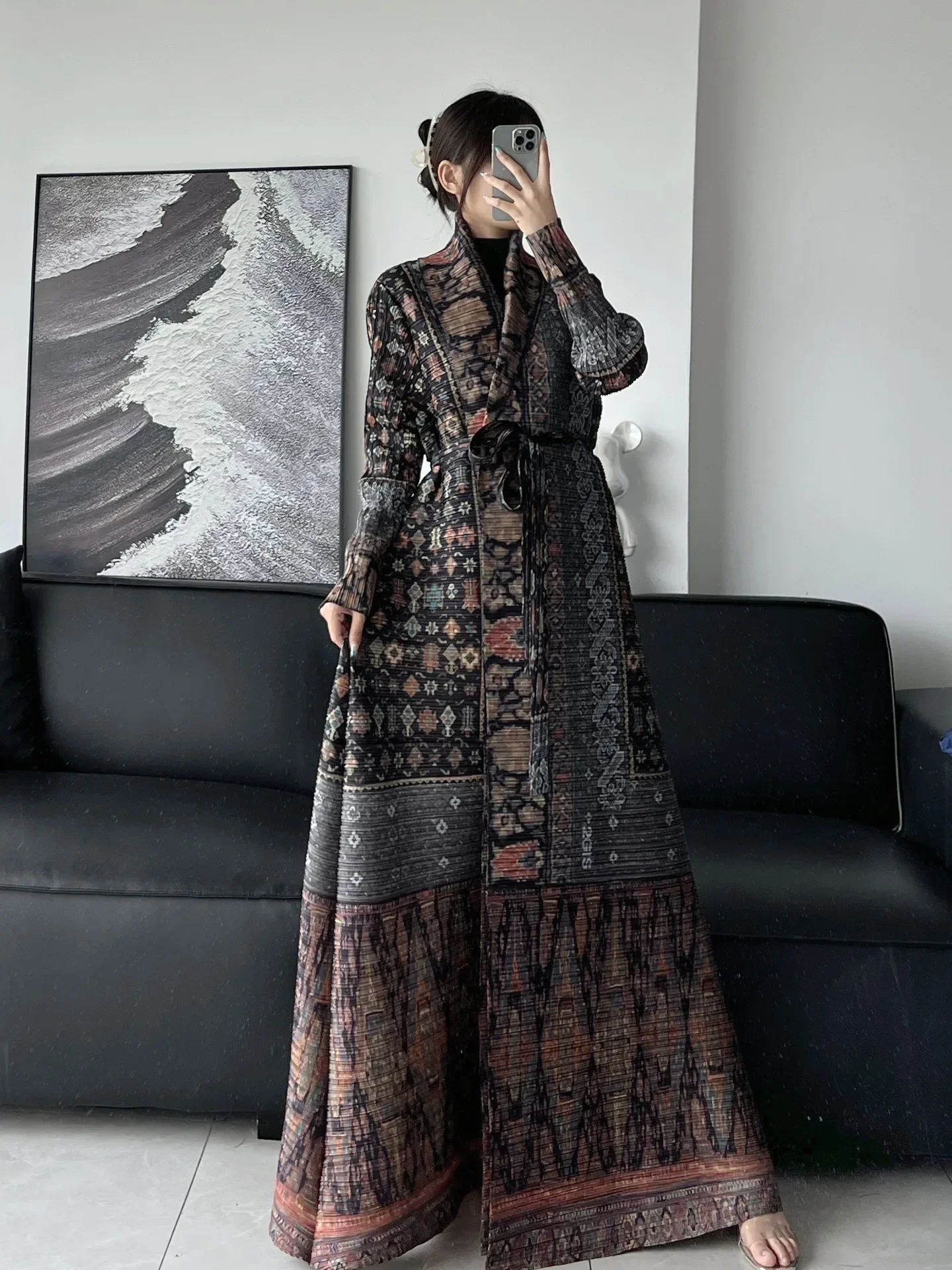 Miyake Pleats Robe Pleated 2024 Plus Size Printed Casual Airy Poncho Jacket Coat Coat Poncho Printed Plus Size Trench Coat