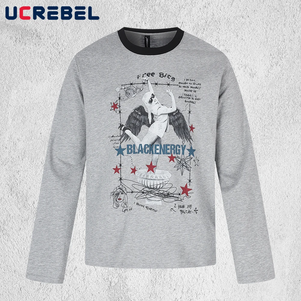 Portrait Print T-shirt Mens Autumn Streetwear Casual Crew Neck Loose Long Sleeve Cotton Tee Man
