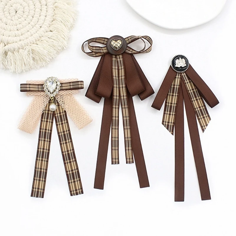 Broche pajarita cinta a cuadros marrón Vintage para mujer, Pin, uniforme estudiante, camisa, cuello Jabot, corbata