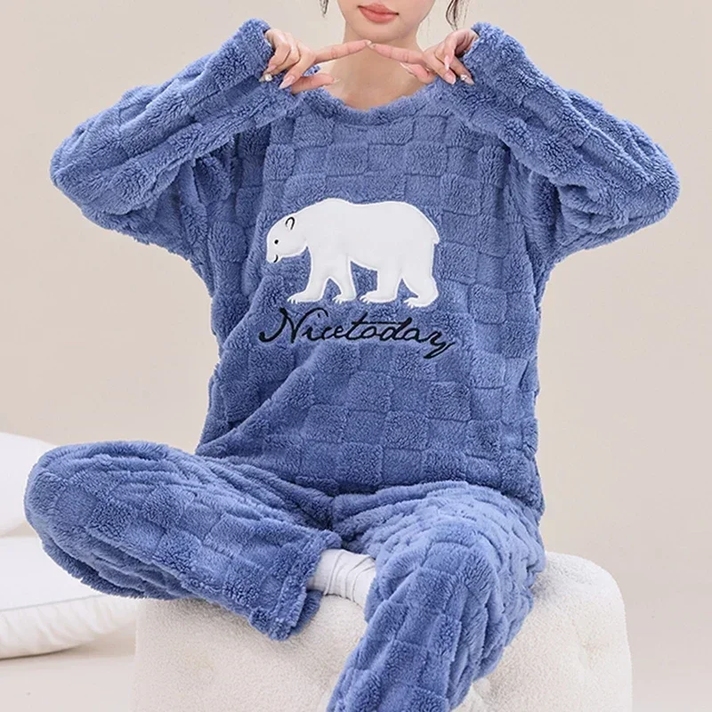 Autumn Winter Flannel Women Pajamas Sets Cute Duck Print Teddy Sleepwear Velvet Pajama Girl Pijamas Mujer Pyjama for Woman