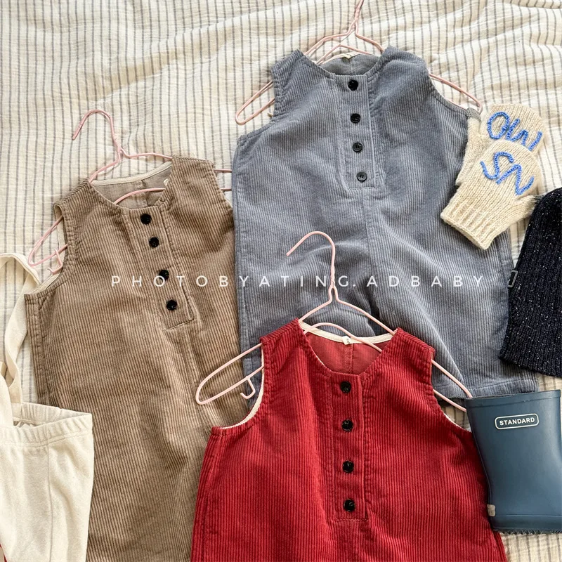 

2024 Autumn New Children Loose Strap Trousers Boys Girls Corduroy Overalls Casual Pants Toddler Baby Solid Jumpsuit Kids Clothes