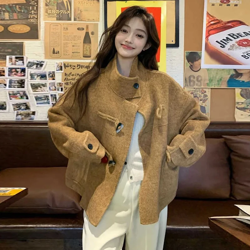 

Fall Winter Wool Blend Jacket Women Thick Warm Loose Casual Coat Lazy Horn Buttons Fashion Long Sleeve Street Harajuku Outwear