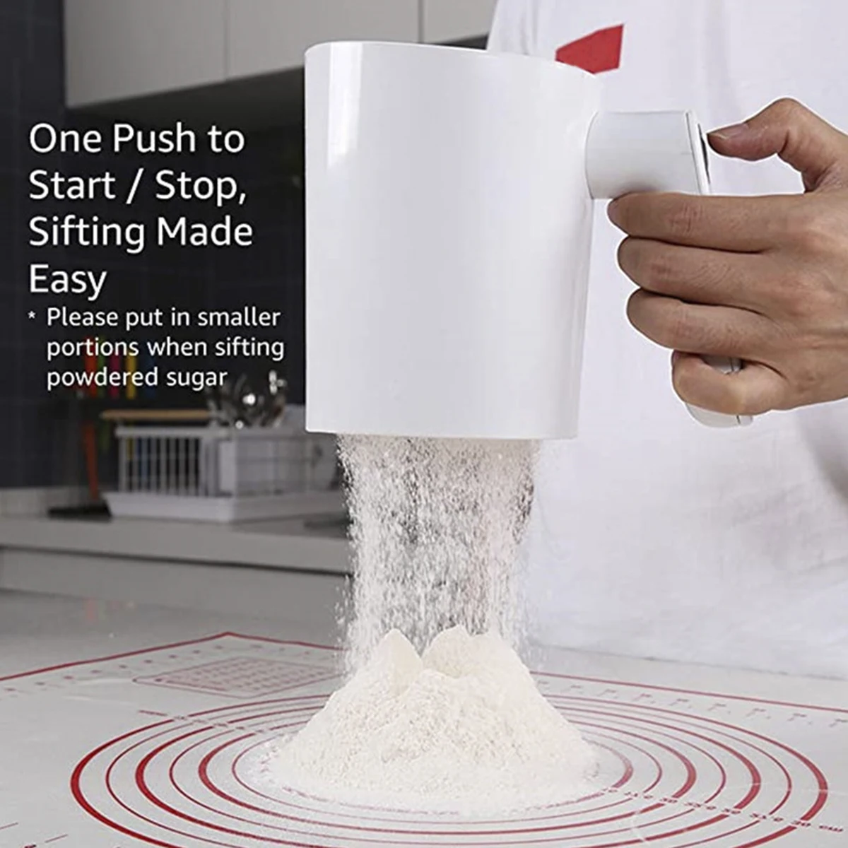 Electric Flour Shifter 1L Automatic Flour Strainer Handheld Cup Shape White Powder Sieve Battery Operated Fine for Baking