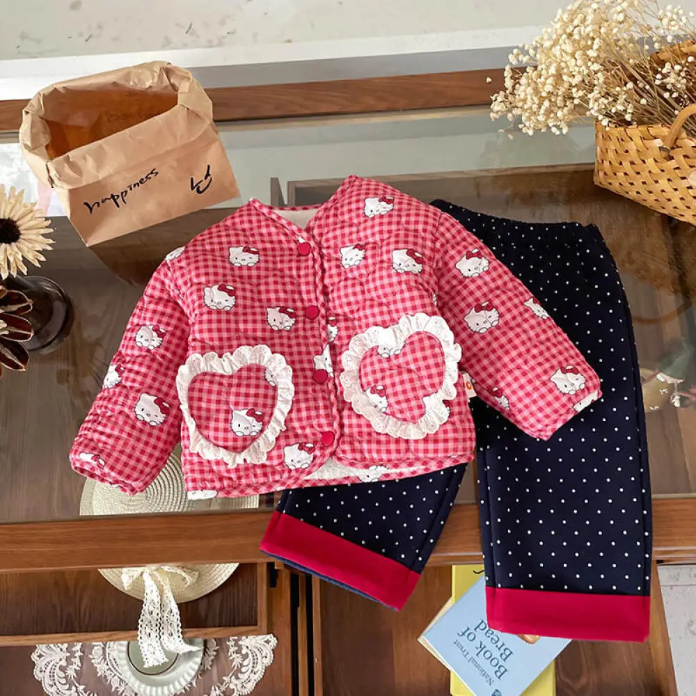 

Sanrio Hello Kitty Girls' Velvet Jacket 2025 Autumn Winter New Cute Cartoon Reversible Warm Cotton Jacket Children's Clothing