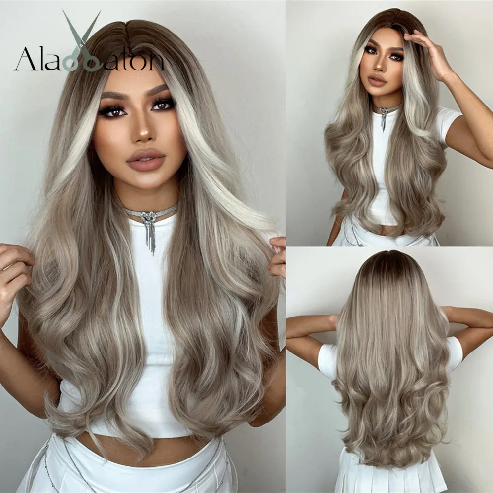 ALAN EATON Long Blonde Synthetic Wig with Highlights Natural Body Wavy Ombre Wig Heat Resistant Fiber for Women Daily Party Use