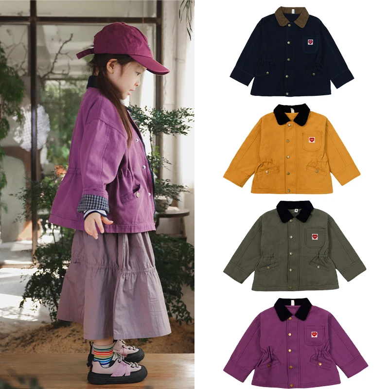 

2025 New Autumn Winter Children's Solid Color Jacket Baby Girl Retro Collar Workwear Jacket Kids Fashion Clothes