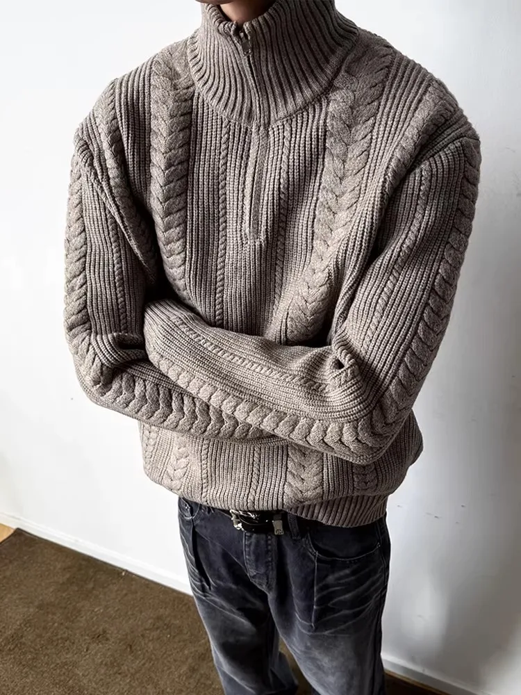 

Retro American Heavyweight Wheat Ear Twist f Zip Stand Collar Knitwear Men's Autumn Winter New Texture Knitted irt