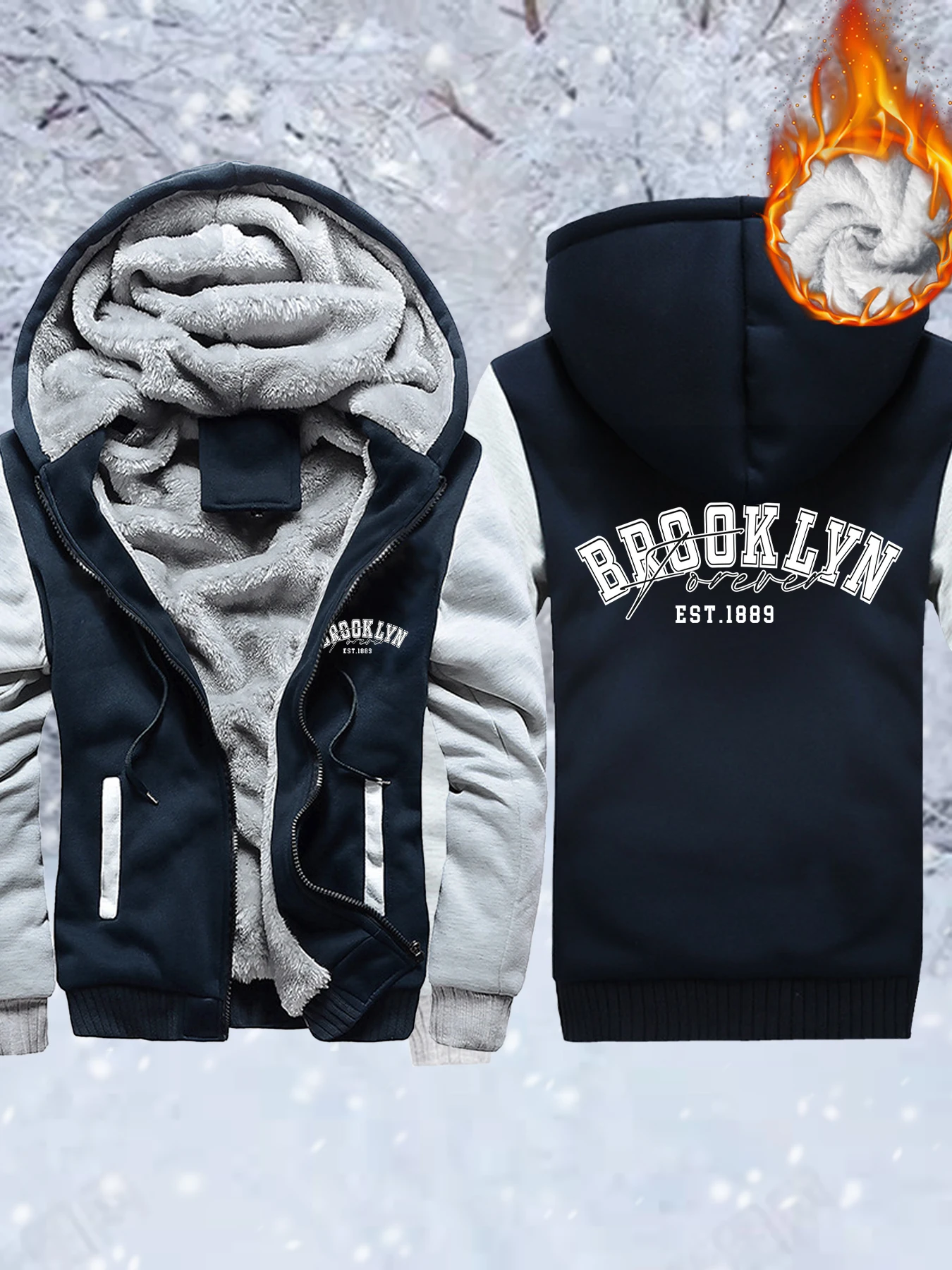 

Brooklyn Forever Letter Prints Male Fleece Basics Jackets Thicken Warm Hoodie Winter Zip-Up Veste Comfy Streetwear Loose Top