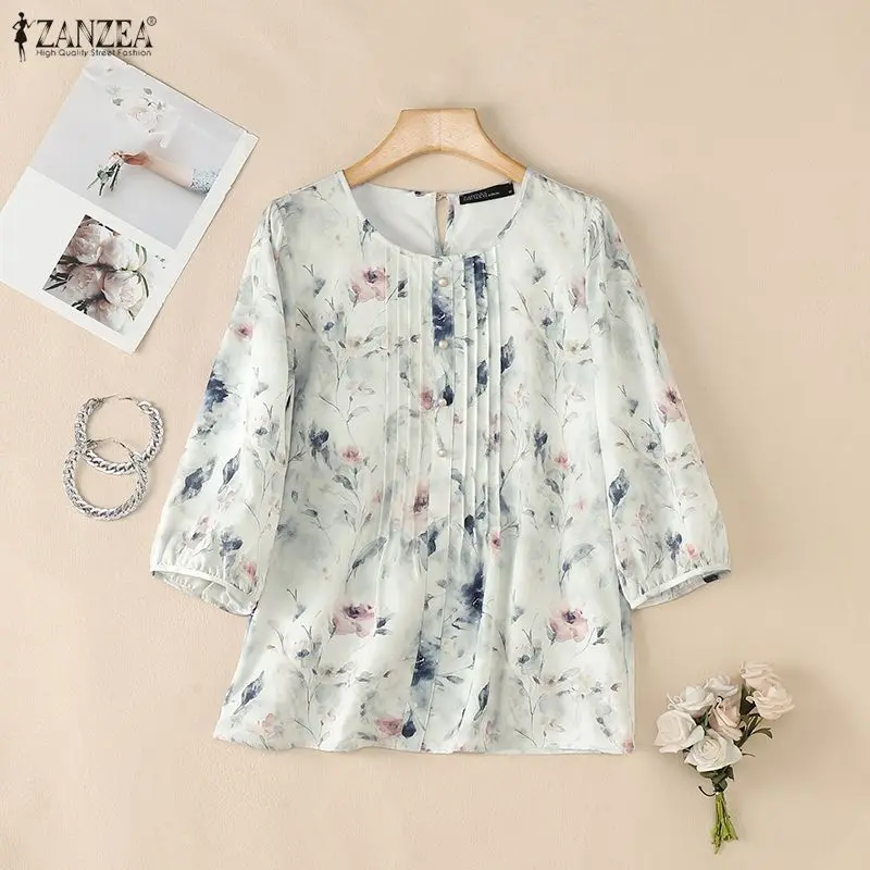 

2026 ZANZEA Spring Floral Printed Blouse Stylish Shirt Women Elegant 3/4 Sleeve Work Blouses Bohemain Blusas Casual Holiday Tops
