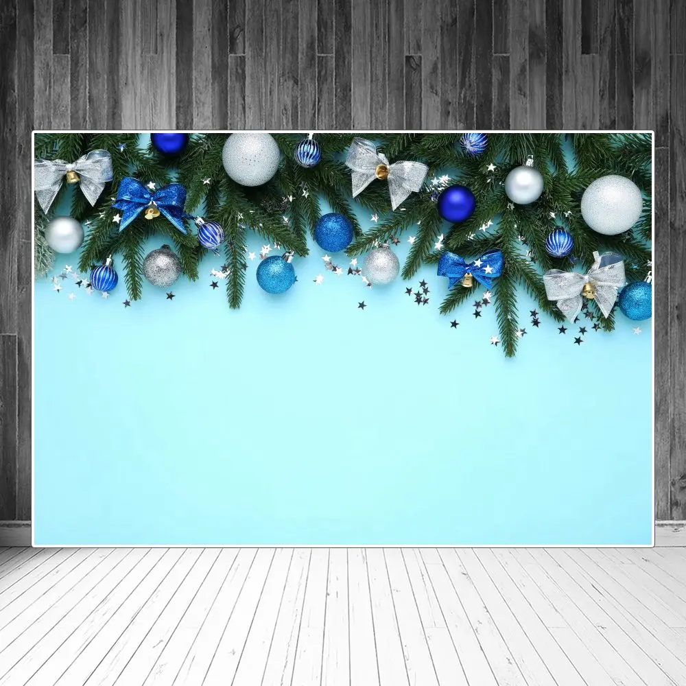 Fondos de fotografía azul con ramitas de pino y pajarita de bola de Navidad, decoración personalizada para el hogar, fiesta, fotomatón