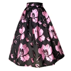 2025 New Fashion Pleated Jacquard Skirt Women Spring Autumn High Waist A-Line Midi Skirts Vintage Elegant Pocket Ladies Skirts
