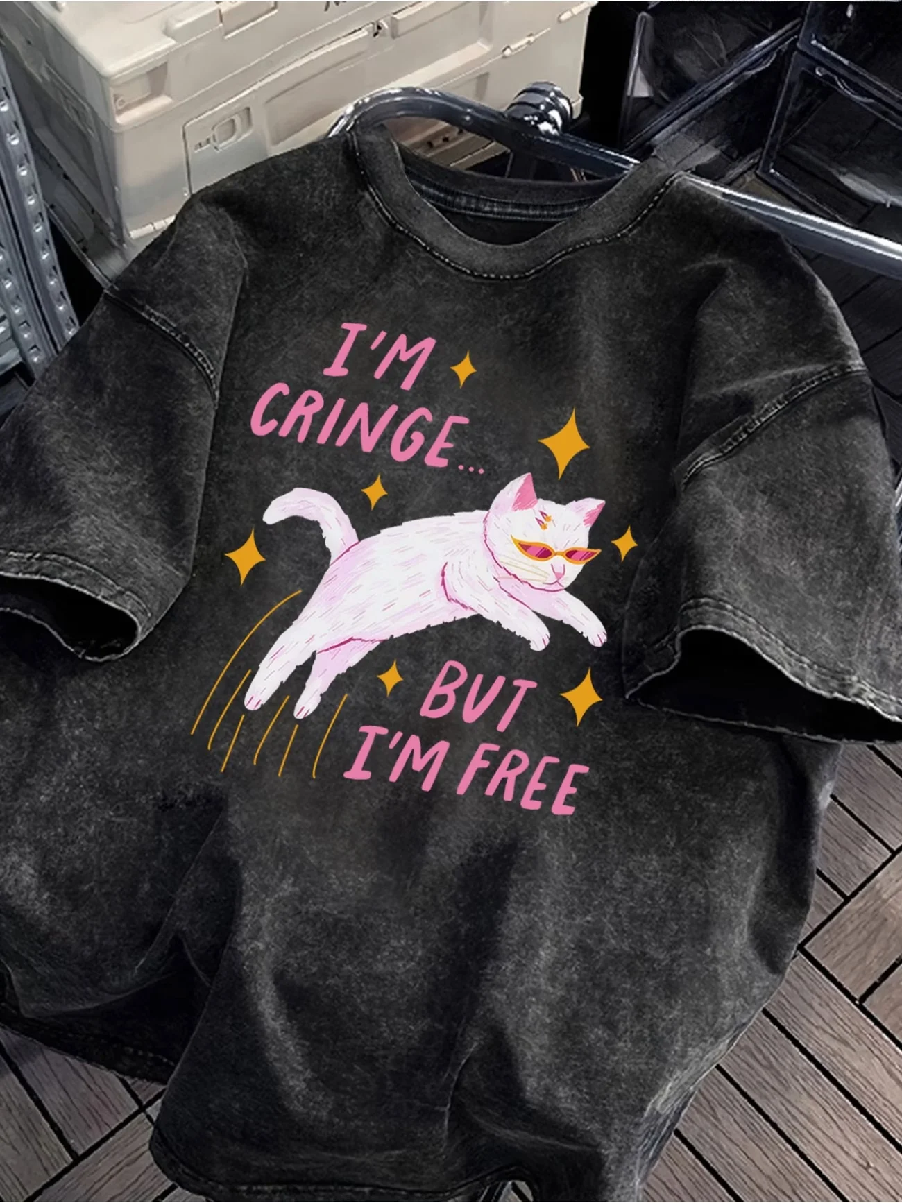 Men Washed T Shirt I'M CRINGE BUT I'M FREE Novelty Vintage Summer Women Hip Hop Y2K Punk Gothic Tee Oversize Streetwear meme cat