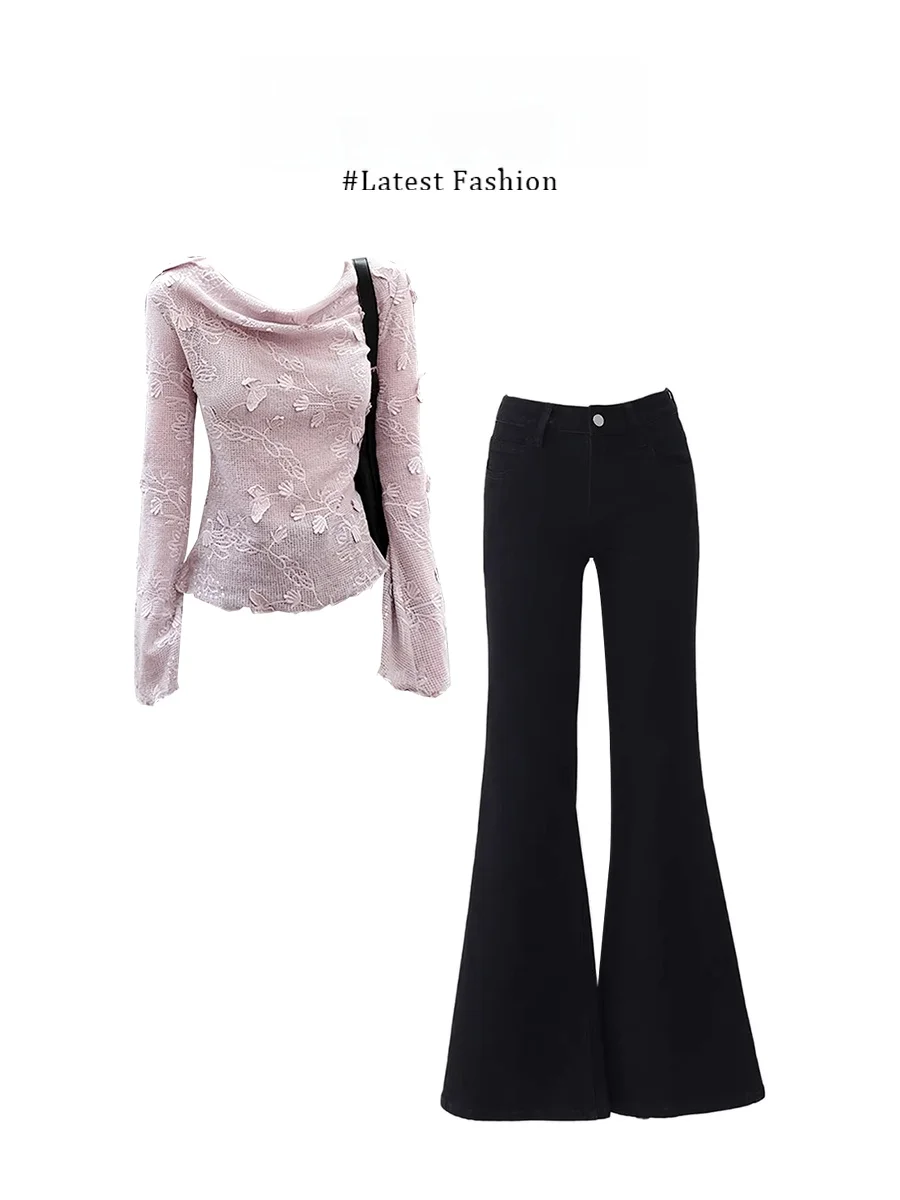 

Женский вязаный комплект Parkyeon: топ с длинным рукавом и джинсы, фиолетовый, с кружевными цветочными рукавами-колокол, повседневный, свободный крой, зимняя мода