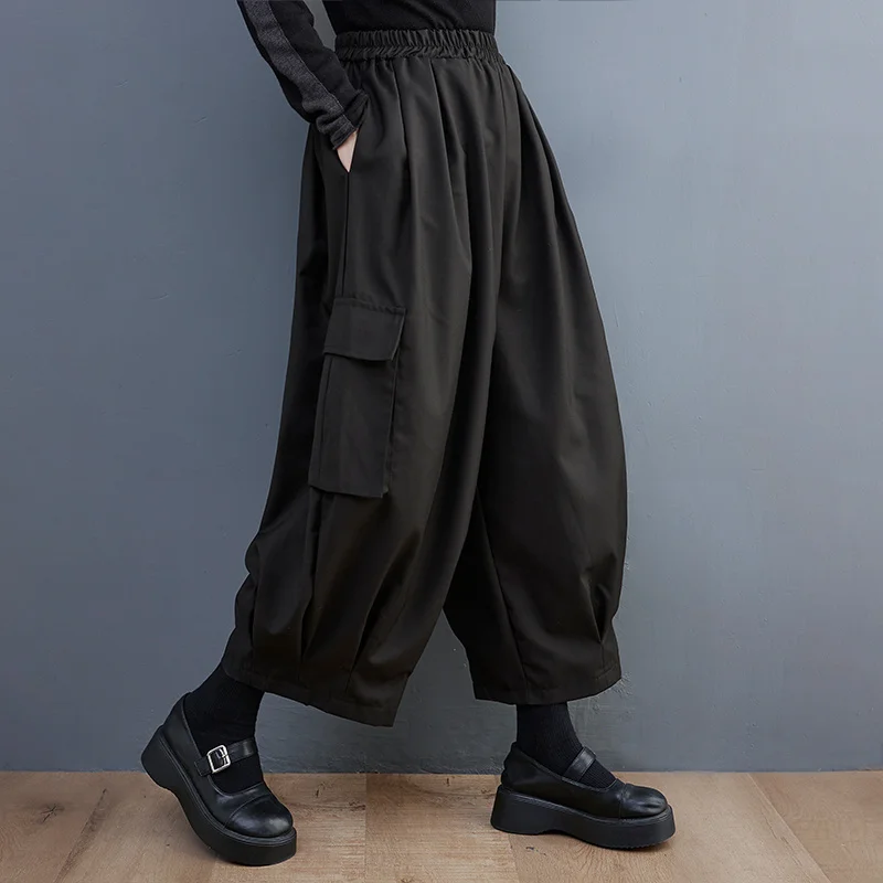 

New Style Of Women's Pants Black Cargo Wide Leg Women Side Pockets High Waist Bloomer Pants Femme Ankle-Length Loose Streetwea