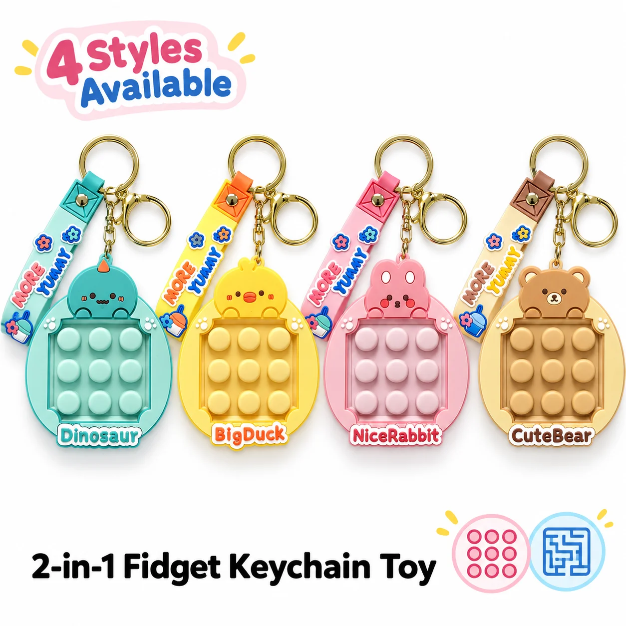 Cute Animal Pop Fidget Keychain Toy Dinosaur Bear Rabbit Duck Silicone Stress Relief Bubble Sensory Toy with Maze | ADHD Anxiety