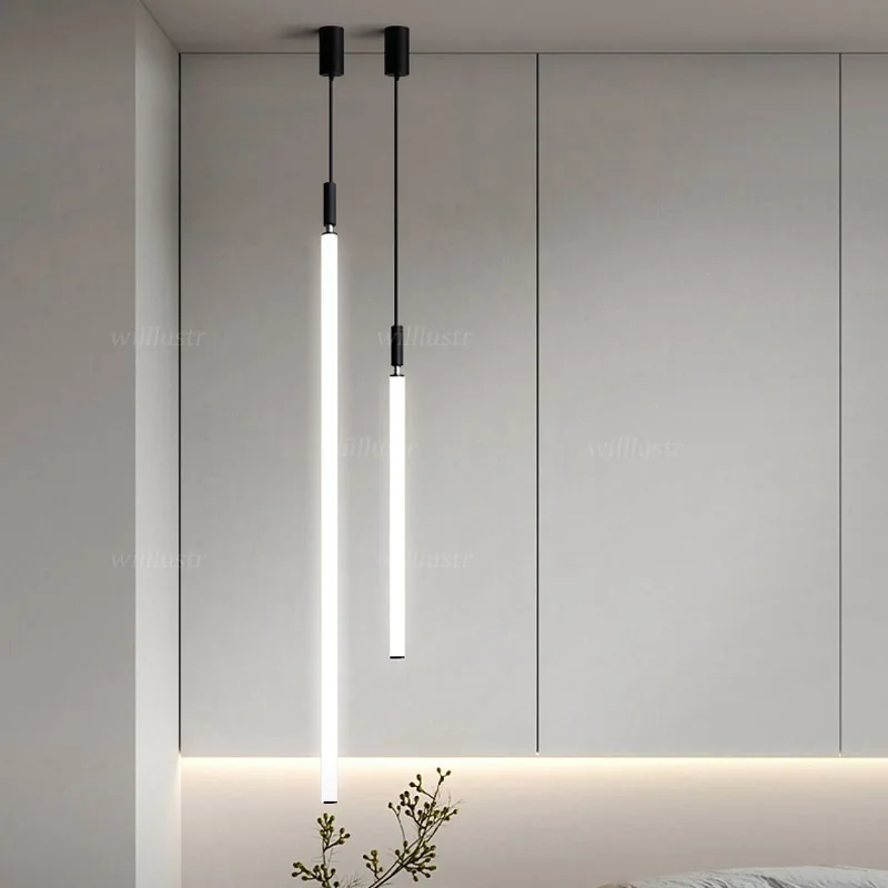 Minimalist LED Tube Pendant Lamp Aluminum Acrylic Suspension Light Hotel Lounge Dining Table Bedside Hanging Ceiling Chandelier