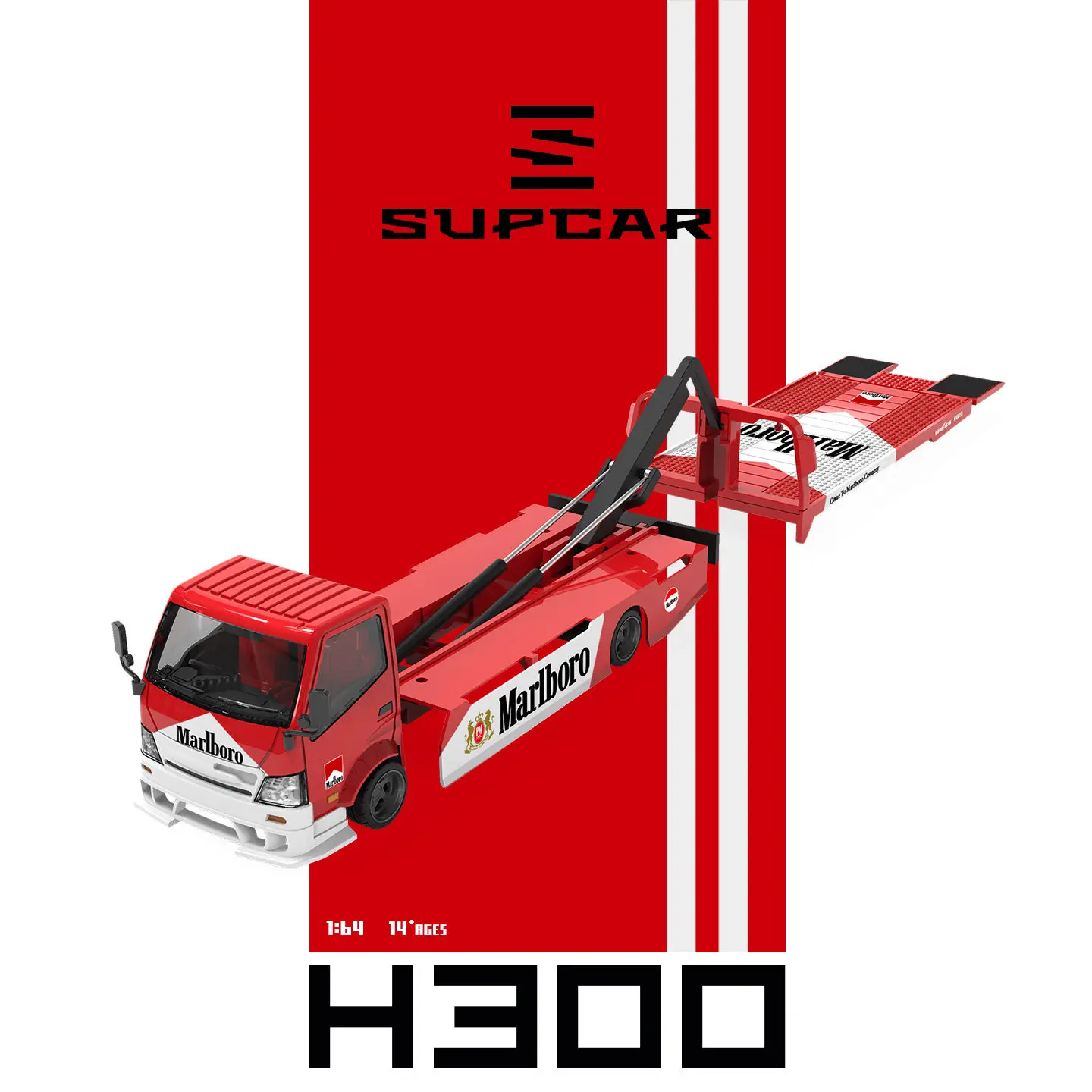 New SUPCAR SC 1:64 Scale Marlboro H300 Rollback Tow Truck Flatbed Transport Trailer Alloy Truck Car Model Diecast Collection Toy