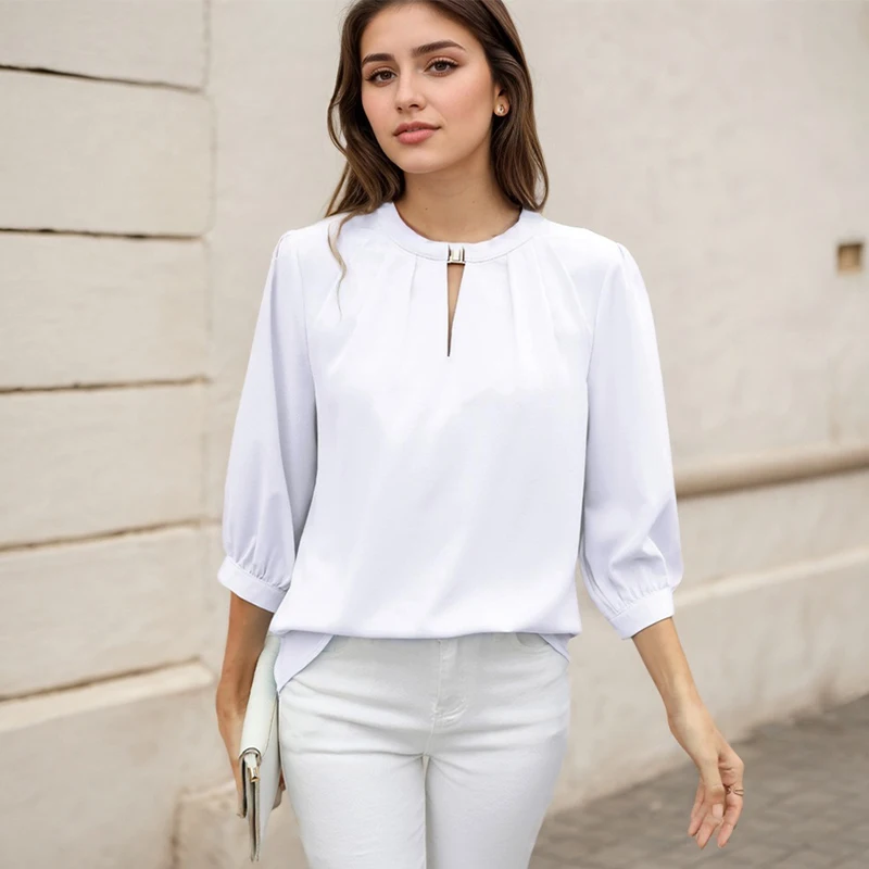 French Style Pullover Blouses For Women New Korean Fashion Office Lady Chiffon Three-quarter Sleeve V-neck Metal Buckle Shirts