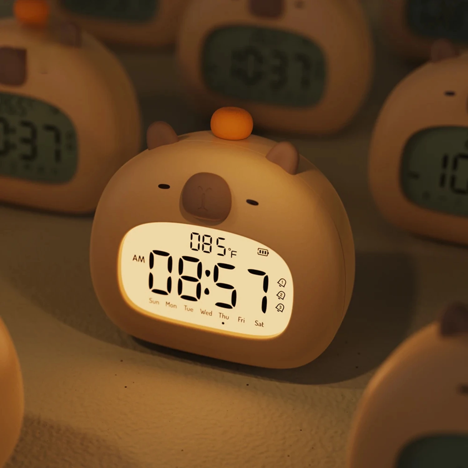 Gentle Temperature Display Cute Rechargeable Alarm Clock for Kids with Adorable Little Capybara Theme, Calming Sounds and Night 