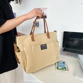 도시 미니멀리스트 여학생 대용량 통근 수평 캔버스, 싱글 숄더 대각선 크로스 휴대용 토트백