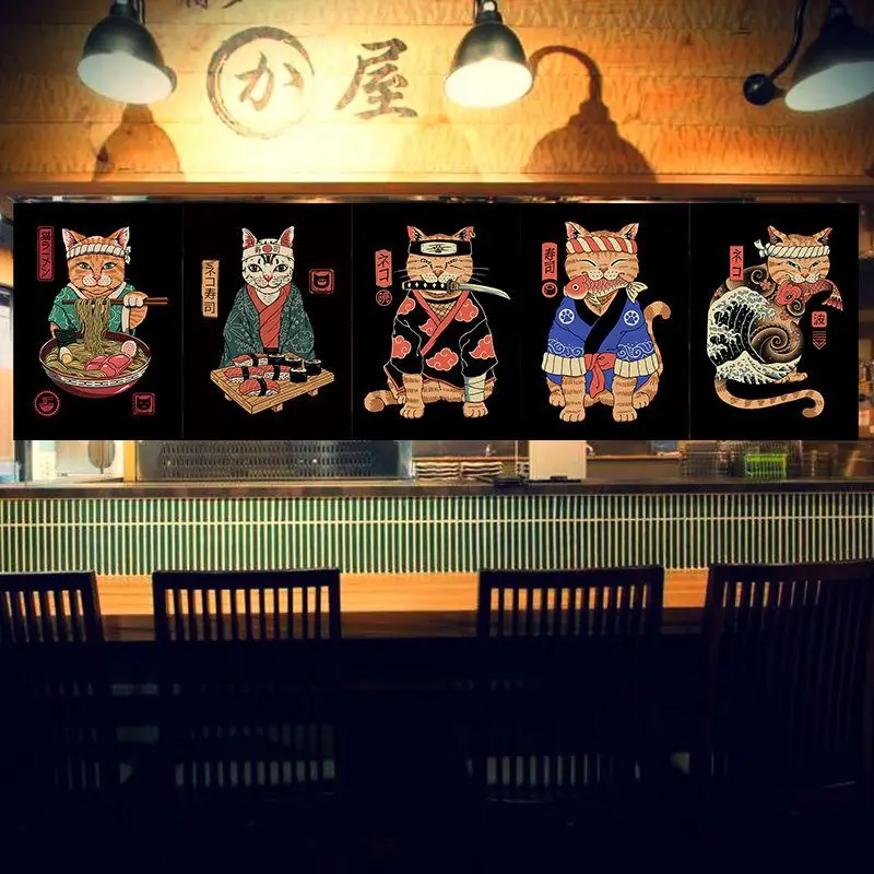 VIKAMA Ukiyoe Samurai Cat Rabbit Noren Curtain Japanese Style Short Door Curtain Sushi Shop Partition Banner Home Decor