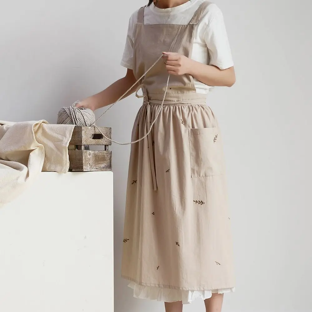 

Cotton Kitchen Cooking Apron Embroidered X-Back Household Work Apron Korean Style Elegant Waiter Extended Aprons Restaurant Use