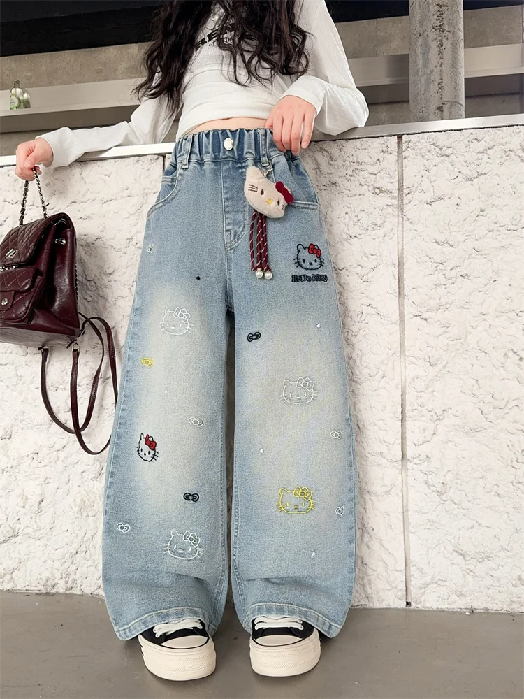 

Весенние широкие джинсы с вышивкой Faion, джинсовые брюки для девочек, KT Design, одежда для девочек средней школы, длинные брюки