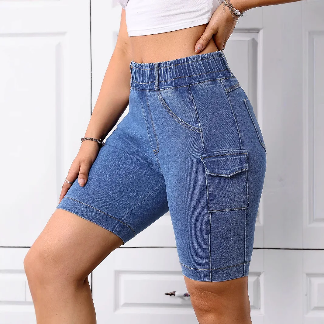 

Джинсовые шорты с завышенной талией, поднимающие бедра, прямые брюки. Новые летние модные американские повседневные короткие джинсы с эластичной талией для женщин