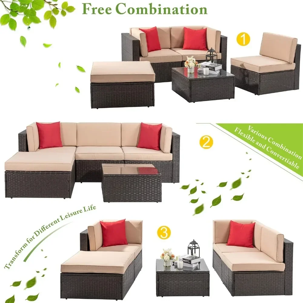 5 Piece Patio Furniture Sets, All-Weather Brown PE Wicker Outdoor Couch Sectional Set, Small Conversation Set for Garden, Beige