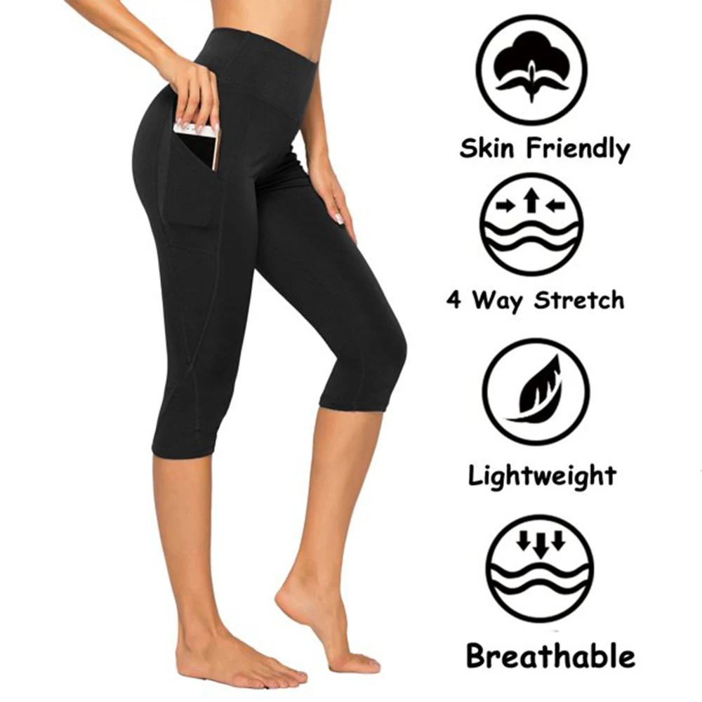 Sport Shorts Cropped Pants Women Fitness Nudity High Waist Hip Lift Running Yoga Side Pockets Tights Quick Dry Gym Sportswear