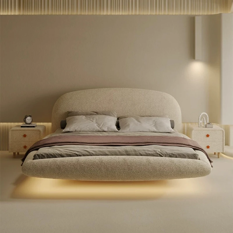 Cream Style Floating Bed French Lamb Wool Fabric Double Bed With Modern Minimalist Tatami Bed For Bedroom Furniture
