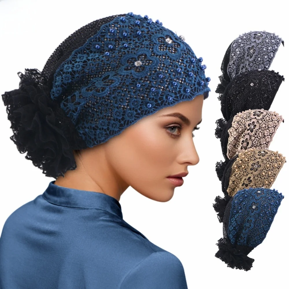 

Women Lace Embroidered Turban Hat Floral Beaded Vintage Lace Muslim Chemo Cap Ready to Wear Pearl Lace Islamic Headwear Female